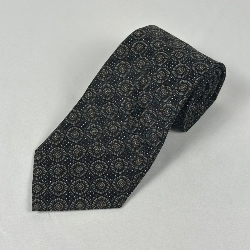 Canali Silk Tie Long Brown Black Geometric Medallion Made in Italy 3.5